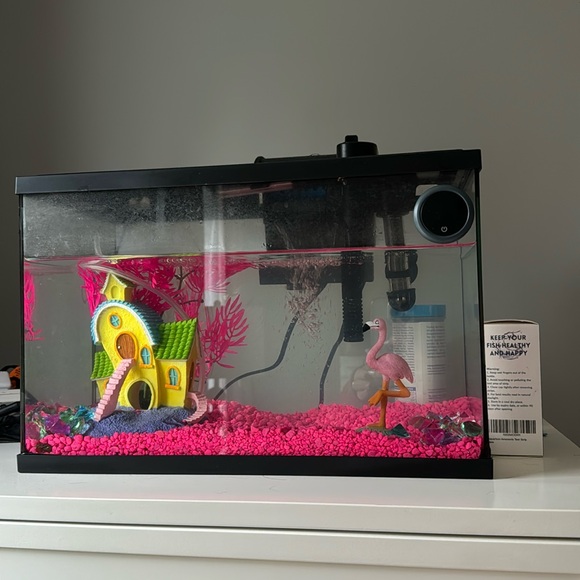 Fish tank w heater filter test strips thermometer and inside accessories.